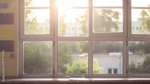 Sunlit classroom window with natural light filtering through  educational environment concept