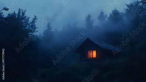 A small wooden cabin in the middle of an old forest at night