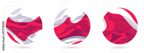 Oriental Japanese style vector abstract illustrations set in red color in a shape of circle, backgrounds in Asian traditional style, wavy shapes and mountains terrain, runny like sea lines.
