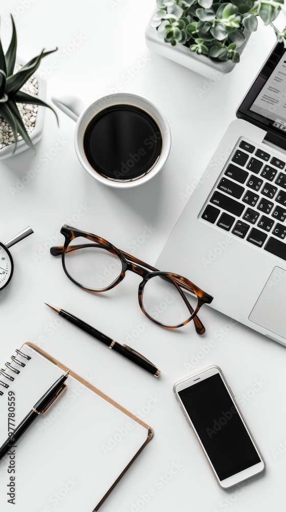 Laptop, phone, and pen on a desk Laptop, phone, and pen on a desk