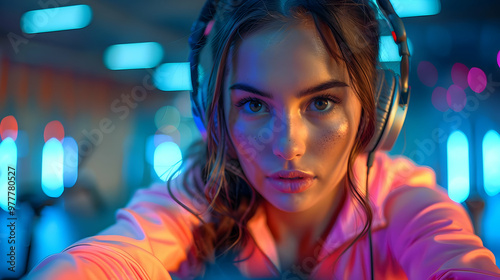 Woman in Pink Shirt with Neon Lights Illustration