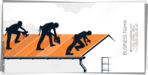 Roofer crew on the roof with tools business card