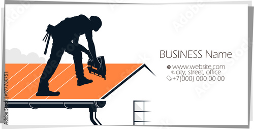 Roofer on the roof with a tool business card