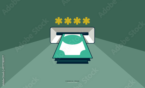 Money stack from ATM with password or code conceptual poster, financial fraud protection concept, icon style vector illustration of a banknotes pile and ATM and password or code typing.
