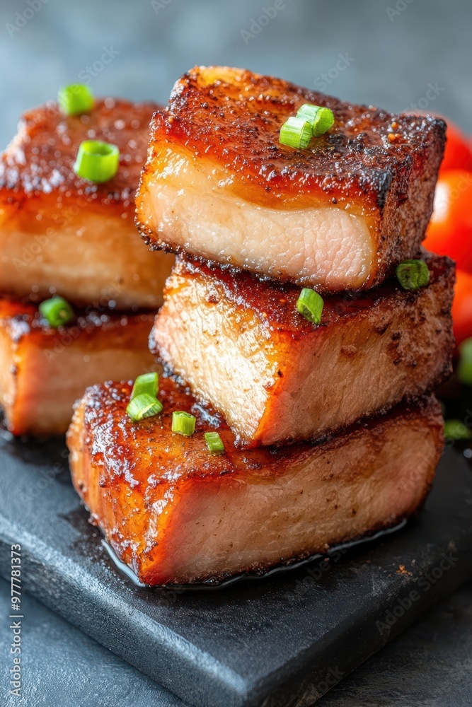 Delicious glazed pork belly slices garnished with chopped green onions, perfect for food blogs, restaurant menus, or culinary advertisements depicting succulent and savory meat dishes, Delicious glazed pork belly slices garnished with chopped green onions, perfect for food blogs, restaurant menus, or culinary advertisements depicting succulent and savory meat dishes,