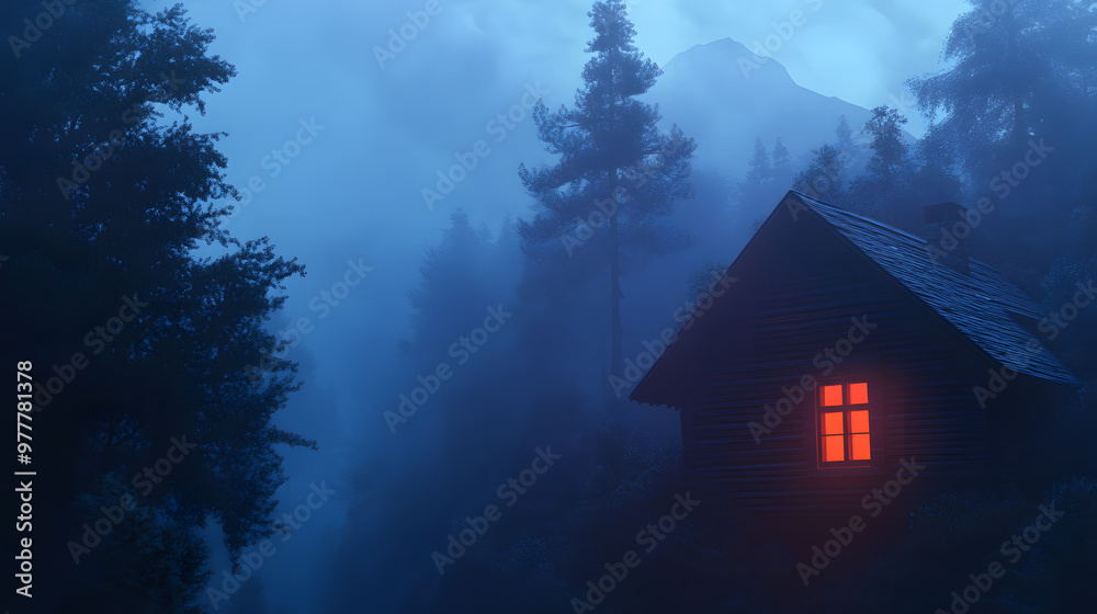 A small wooden cabin in the middle of an old forest at night A small wooden cabin in the middle of an old forest at night