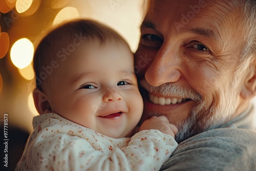 A Joyful Grandfather Smiles While Holding His Happy Baby Granddaughter Indoors During the Holidays photo