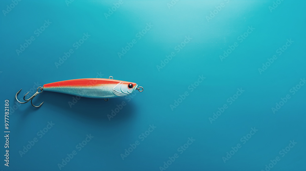 Isolated fishing lure with red and silver design on blue background, detailed closeup of a fishing tackle, fishing equipment concept Isolated fishing lure with red and silver design on blue background, detailed closeup of a fishing tackle, fishing equipment concept