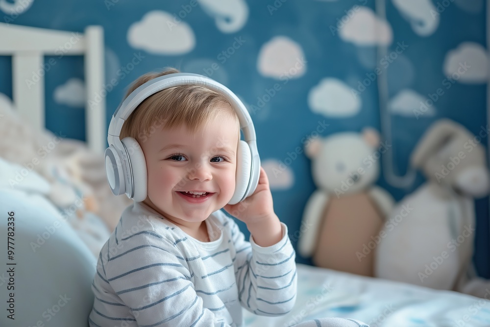 Smiling toddler wearing headphones, sitting on bed, nursery room with clouds and teddy bears background, childhood concept Smiling toddler wearing headphones, sitting on bed, nursery room with clouds and teddy bears background, childhood concept