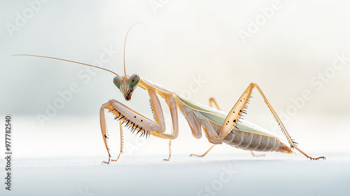 Praying mantis close up, isolated on light background, focus on insect details, bug macro photography, nature exploration concept photo