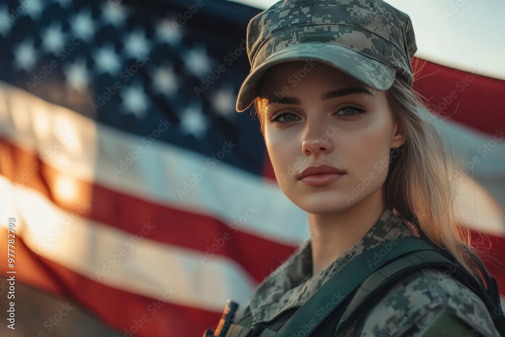 Young female soldier is posing in front of a large american flag waving in the wind Young female soldier is posing in front of a large american flag waving in the wind