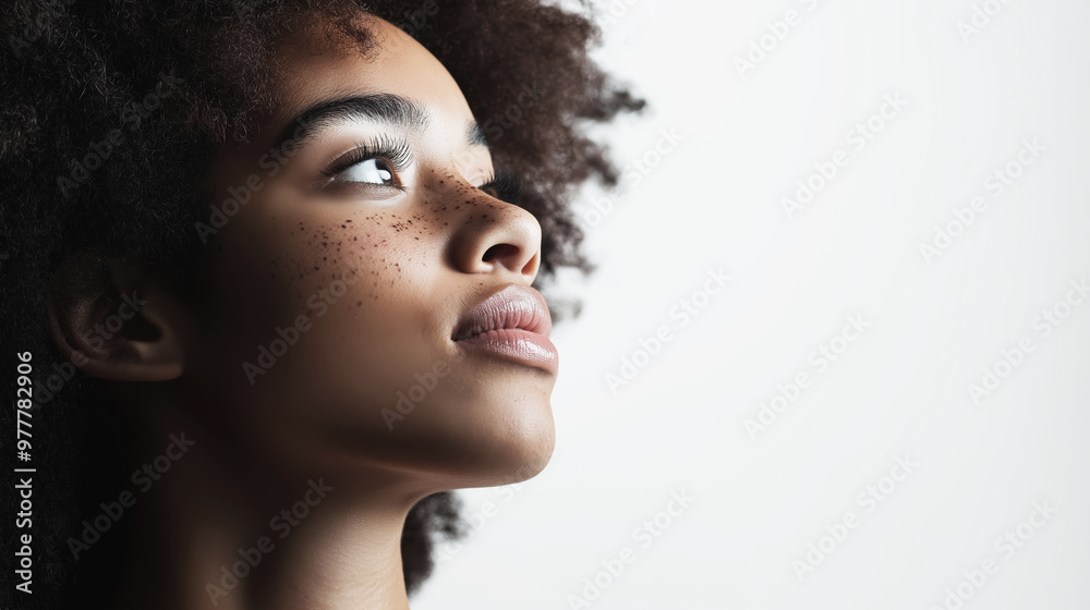 Portrait of a young woman with freckles, close up of face looking away, healthy skin, natural beauty concept Portrait of a young woman with freckles, close up of face looking away, healthy skin, natural beauty concept