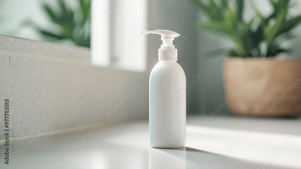 White pump bottle on clean counter in bright bathroom, focus on hygiene, cleanliness, modern interior design concept White pump bottle on clean counter in bright bathroom, focus on hygiene, cleanliness, modern interior design concept