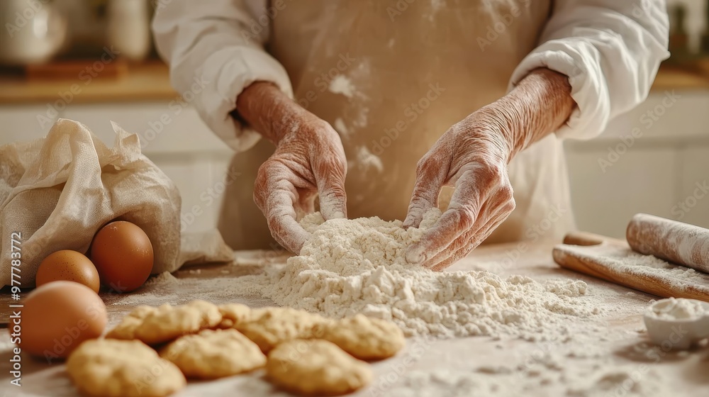 Fototapeta premium Baker's hands working with flour, with eggs, a rolling pin, and baked goods in the background