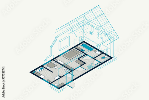 House floorplan drawing with pencil, residential home building blueprint, 3D isometric vector illustration, interior design project top view with roof, family house.