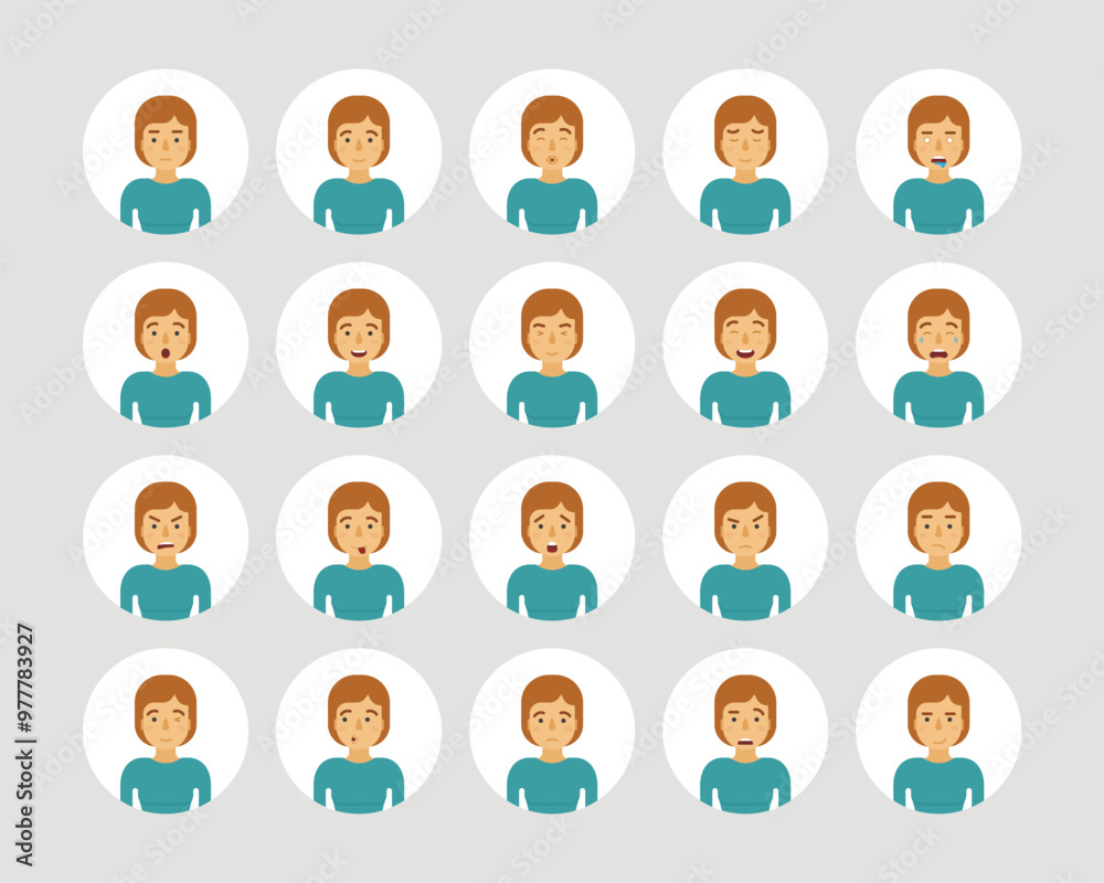 Vector young adult woman avatars and emoticons set in flat style, front view. Vector young adult woman avatars and emoticons set in flat style, front view.