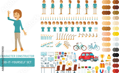 Vector young adult woman in pullover do-it-yourself creation kit. Full length, gestures, emotions - all character constructor elements for building your own design for infographic illustrations.