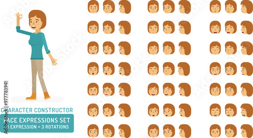 Vector young adult woman in pullover character face expressions set in flat style: front, half-side and side view.