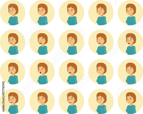 Vector young adult woman avatars and emoticons set in flat style, side view.