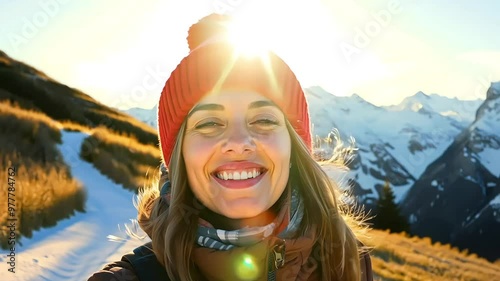 Smiling woman in a bright orange beanie, enjoying a sunny winter day in the mountains, radiating warmth and happiness amidst the snowy landscape