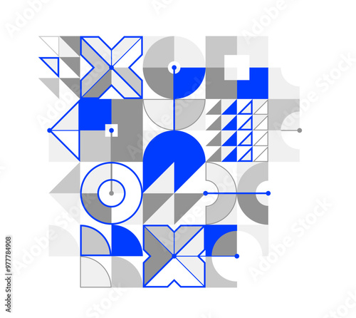 Abstract vector Bauhaus geometric background, tech engineering look like shapes and lines composition, mechanical engine industry style, network and digital data.