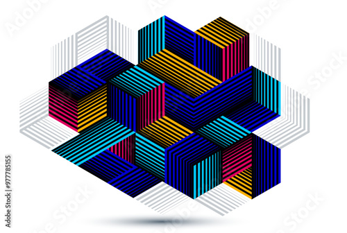 Abstract vector wallpaper with 3D isometric cubes blocks, geometric construction with blocks shapes and forms, cubic polygonal low poly theme.