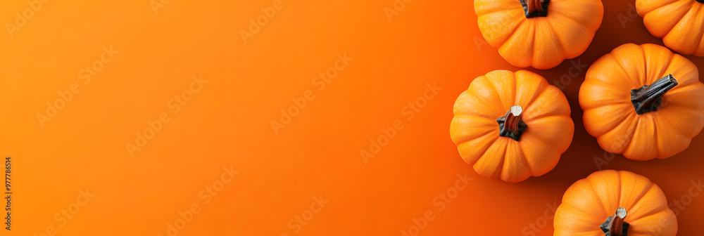 Halloween pumpkins on an orange background, top view with copy space Halloween pumpkins on an orange background, top view with copy space