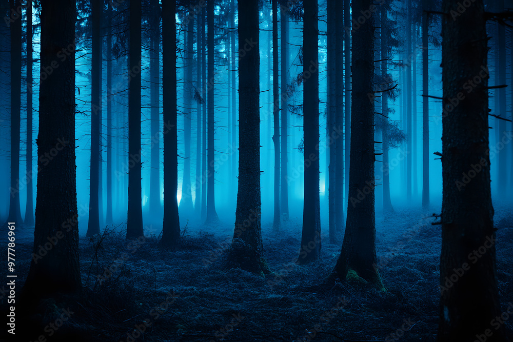 Fototapeta premium Mysterious forest halloween wallpaper at night with fog and light in the dark