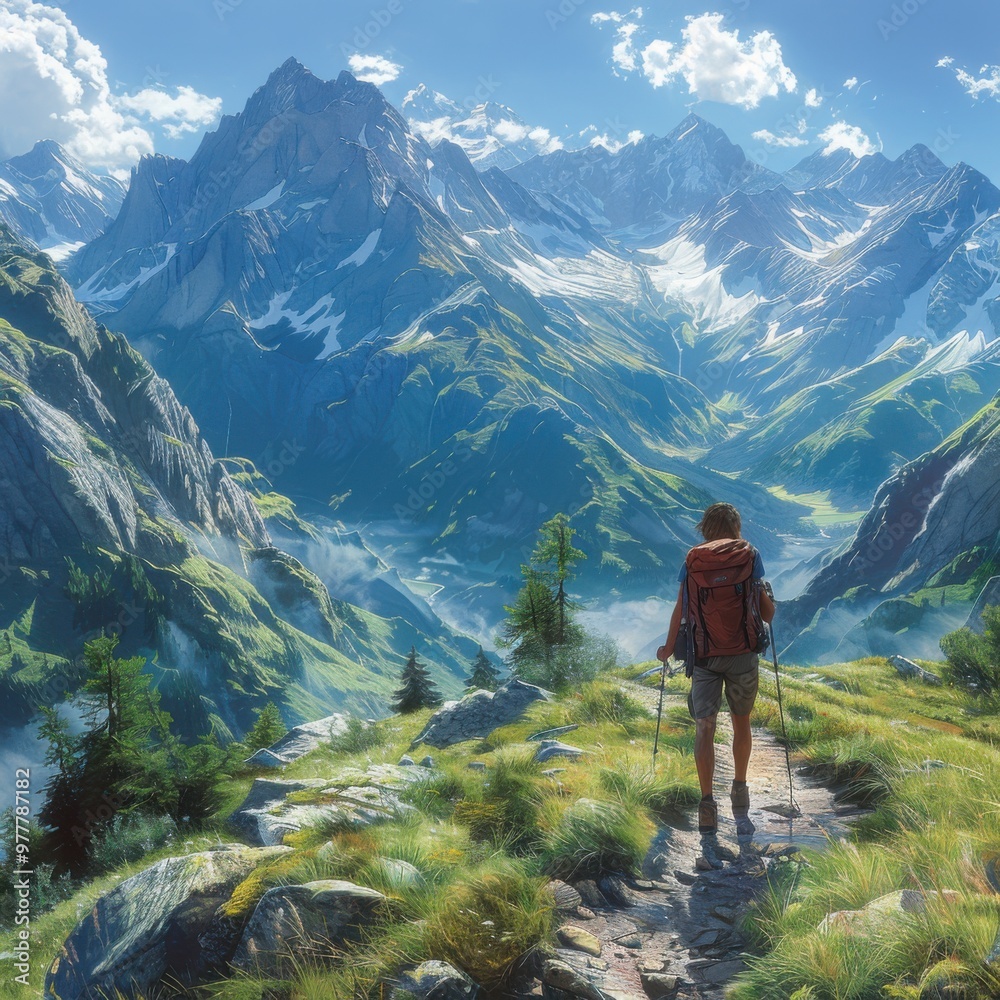 Person hiking on a mountain trail, mountains are in the background, travel concept Person hiking on a mountain trail, mountains are in the background, travel concept