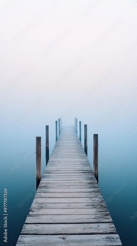 A Serene Wooden Pier Extending Into a Foggy Lake at Dawn, Creating a Calm and Tranquil Atmosphere A Serene Wooden Pier Extending Into a Foggy Lake at Dawn, Creating a Calm and Tranquil Atmosphere
