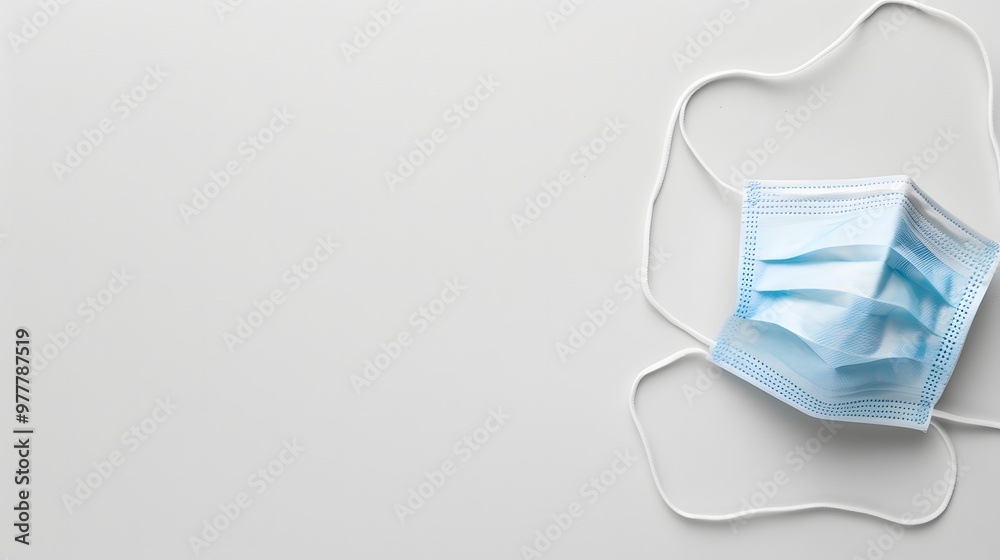 Blue medical face mask on a white background with copy space. Simple and minimalist flat lay for healthcare, hygiene, and safety-themed designs, banners, and public health promotions. Blue medical face mask on a white background with copy space. Simple and minimalist flat lay for healthcare, hygiene, and safety-themed designs, banners, and public health promotions.