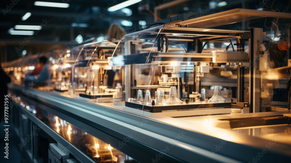 Printers and laser cutters working on precise parts in a modern manufacturing facility Printers and laser cutters working on precise parts in a modern manufacturing facility
