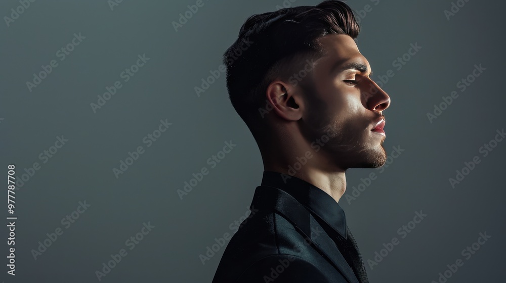 Profile of a man in a black suit against a dark backdrop Profile of a man in a black suit against a dark backdrop