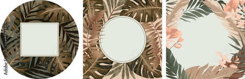 Set of three tropical design floral templates with leaves in green, brown, beige color scheme with text box for sticker label