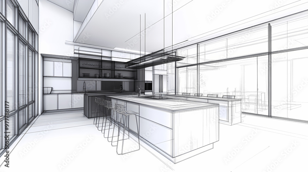 Hand-drawn sketch of a modern kitchen interior design with an island, wooden cabinets, and white walls