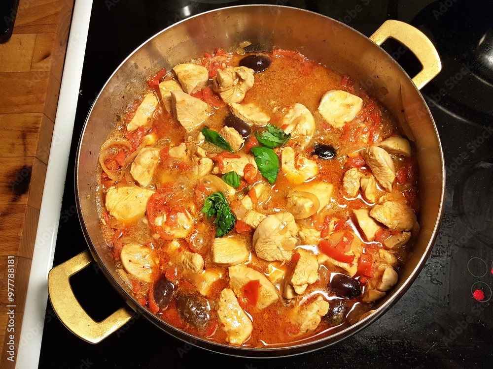 Pot on the stove with chicken stew with black olives, peppers, tomatoes, onion and basil. Pot on the stove with chicken stew with black olives, peppers, tomatoes, onion and basil.