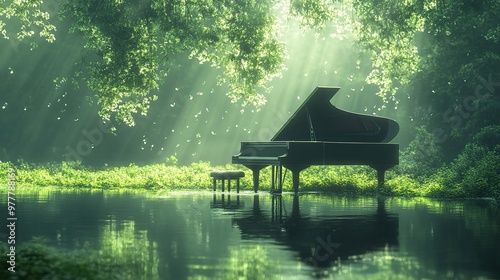Serenity in Sound: Grand Piano Harmony Amid Morning Light and Floating Music Notes on Green Backdrop - Cinematic Style