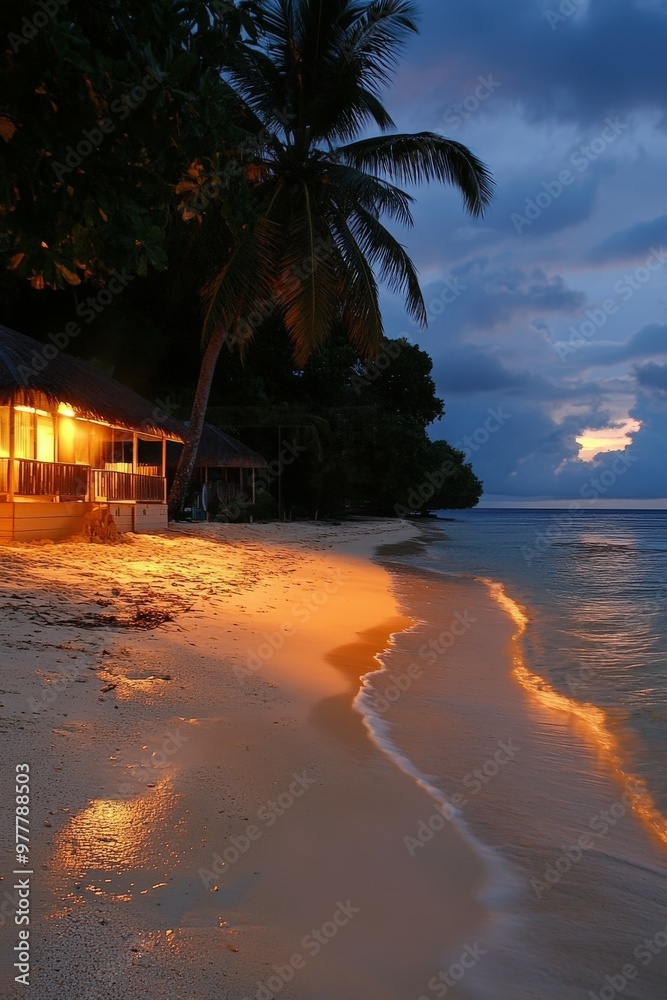Fototapeta premium Tranquil tropical beach at dusk with glowing lights and gentle waves