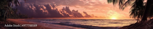 Relaxing tropical beach at dusk with vibrant skies and gentle waves