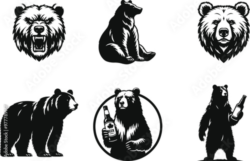 Bear set, bear with Beer, angry bear, Bear vector silhouette transparent royalty