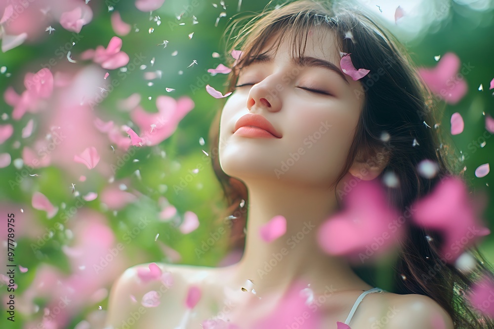 Beautiful Woman Enjoying a Shower of Pink Petals in a Garden, Romance, Beauty, Nature Beautiful Woman Enjoying a Shower of Pink Petals in a Garden, Romance, Beauty, Nature