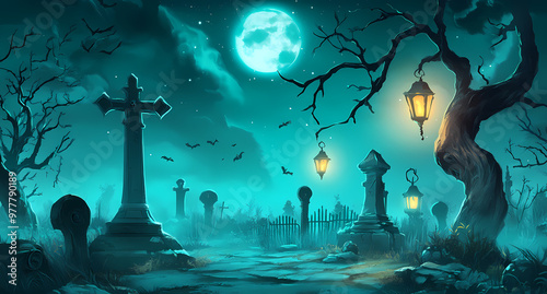 Halloween night background with a haunted graveyard and spooky lanterns photo