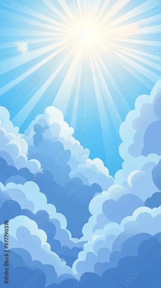 Bright sun rays shine through fluffy clouds in a vibrant blue sky, creating a serene and uplifting atmosphere. Bright sun rays shine through fluffy clouds in a vibrant blue sky, creating a serene and uplifting atmosphere.