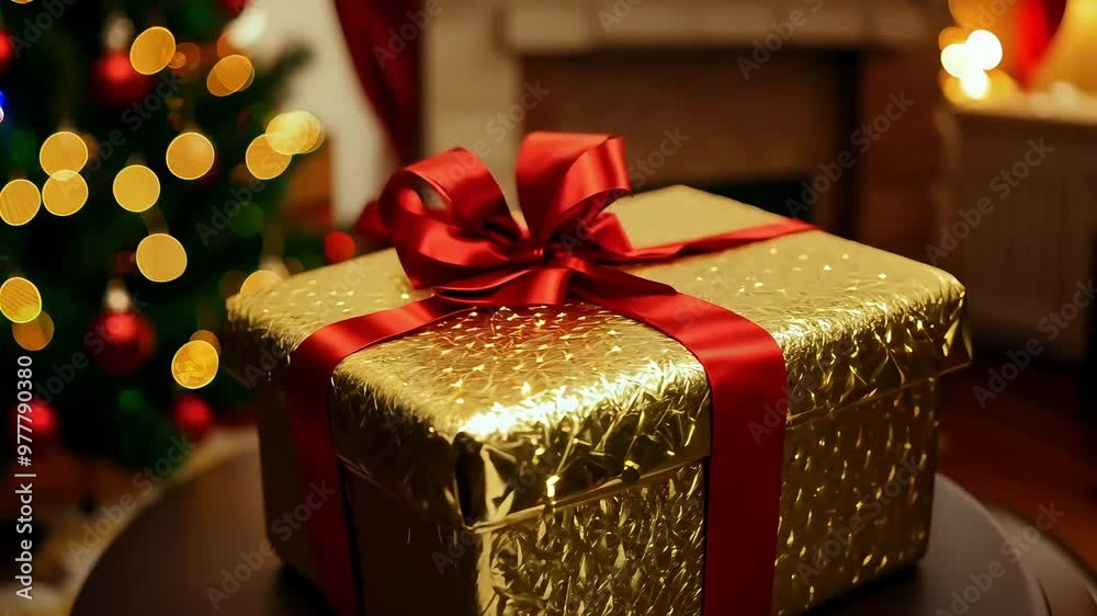 Golden gift box with a red ribbon, placed in front of a glowing Christmas tree and fireplace, evoking the warmth and joy of holiday gift-giving Golden gift box with a red ribbon, placed in front of a glowing Christmas tree and fireplace, evoking the warmth and joy of holiday gift-giving