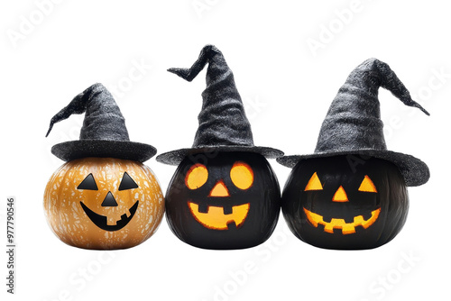 Three Halloween pumpkins, two black and one orange, with glowing faces and witches hats. Perfect for festive decorations and spooky themes. photo