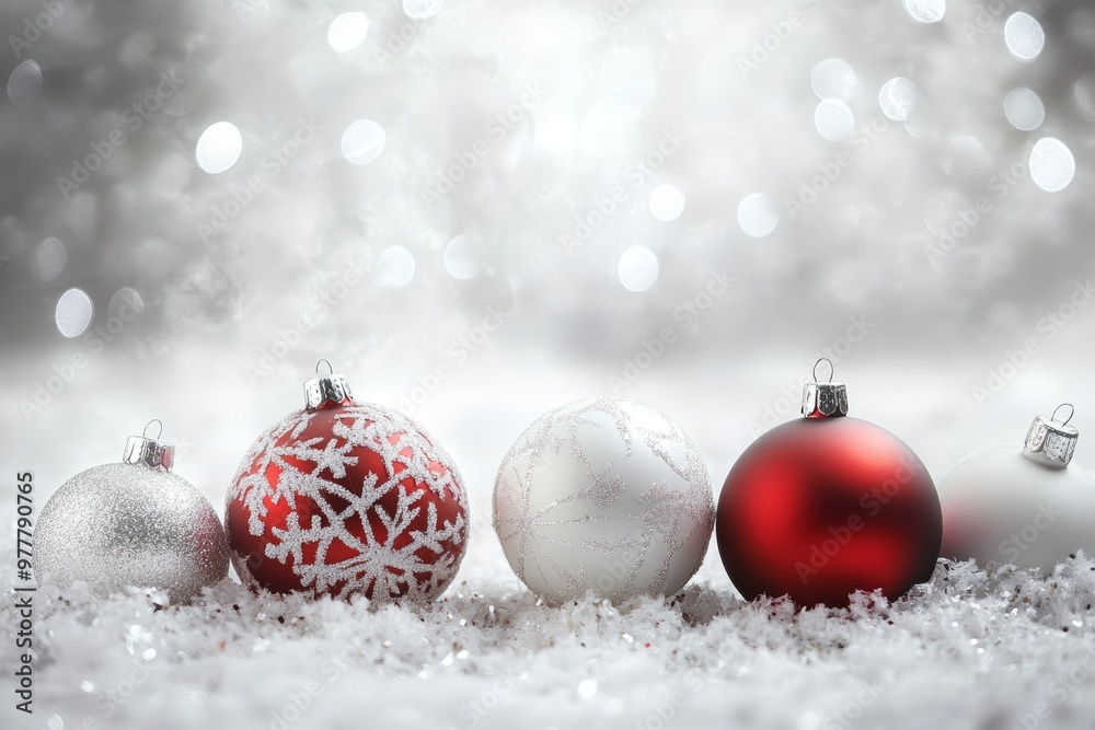 Festive christmas background featuring red and white ornaments on snowflakes with silver bokeh Festive christmas background featuring red and white ornaments on snowflakes with silver bokeh
