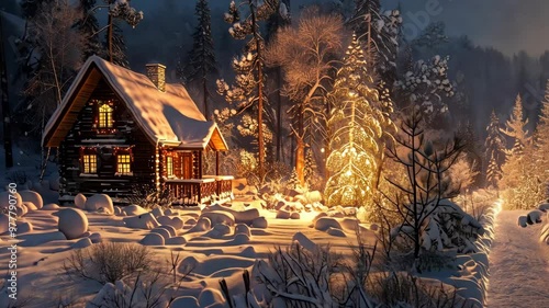 Beautiful wooden cot near a cozy cabin in a snowy forest during winter evenings