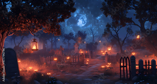 Halloween night background with a haunted graveyard and spooky lanterns photo