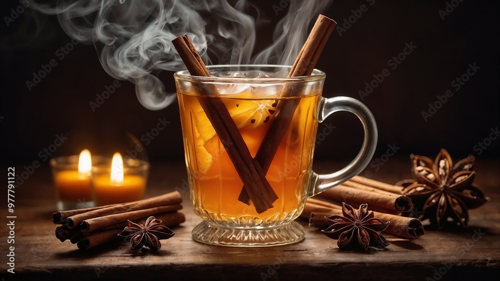 Glass mug of mulled wine with cinnamon sticks on a wooden table, lit candles in the background creating a cozy ambiance Glass mug of mulled wine with cinnamon sticks on a wooden table, lit candles in the background creating a cozy ambiance