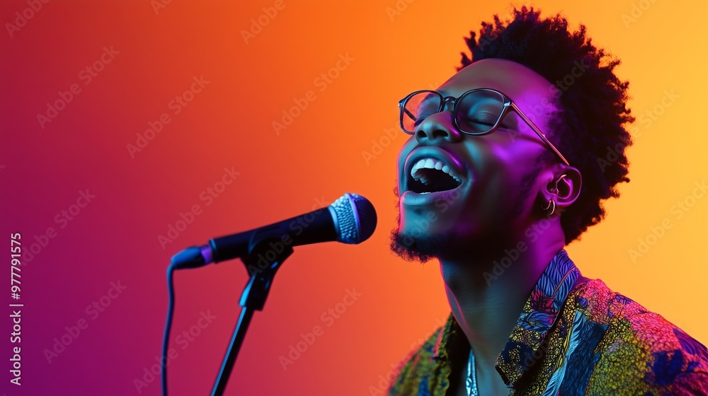 A talented African-American musician sings in a vibrant studio, exuding joy and charisma amidst neon lights. A talented African-American musician sings in a vibrant studio, exuding joy and charisma amidst neon lights.
